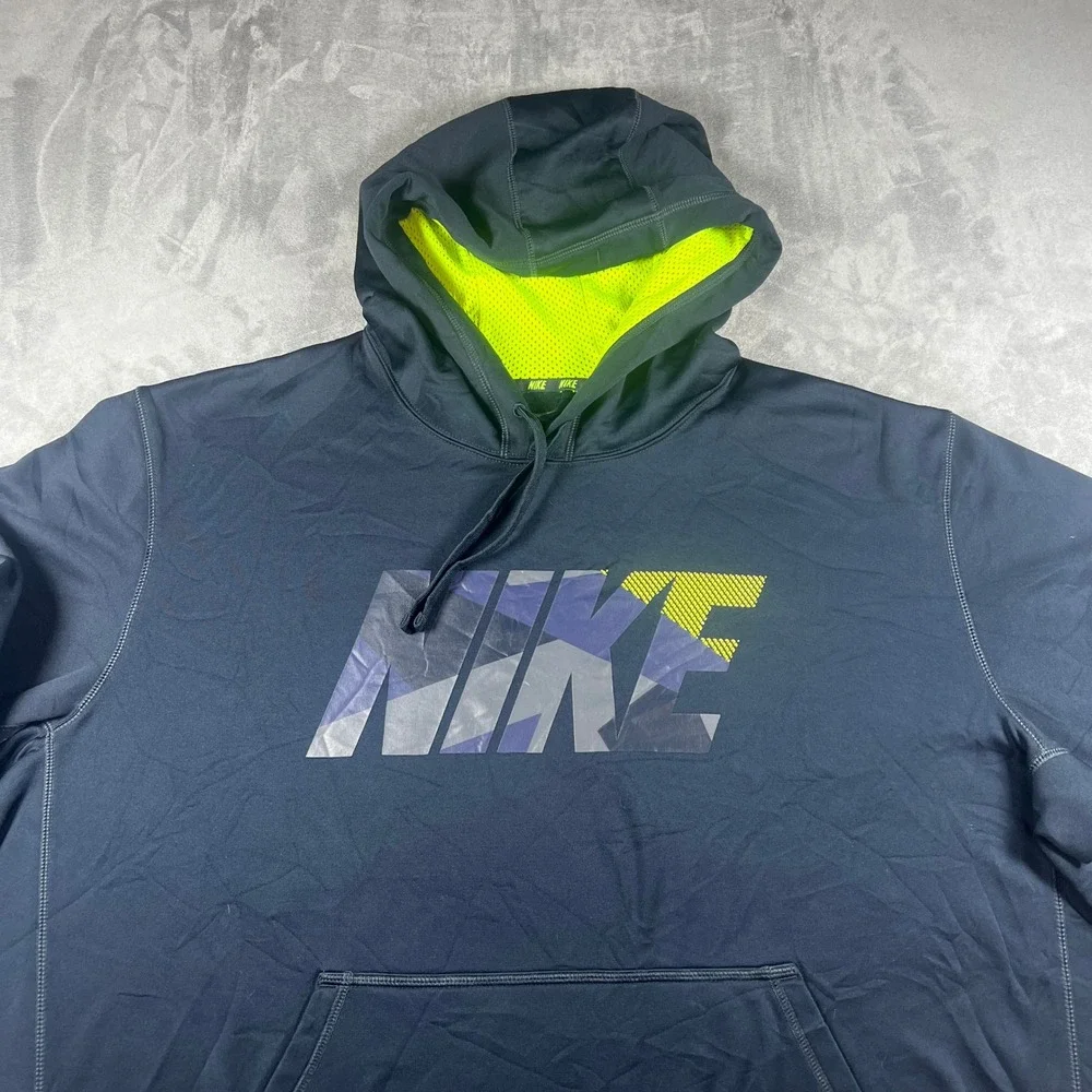 Nike Therma-Fit Hoodie Men 2XL Black Neon Green Pullover Performance Sweatshirt‎
